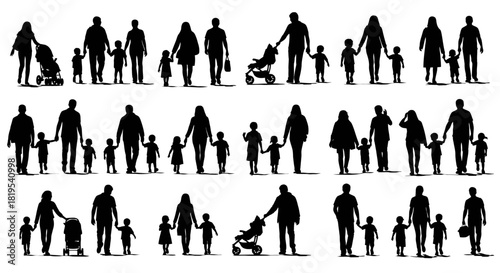 Various family groups of parents and children walking in silhouette