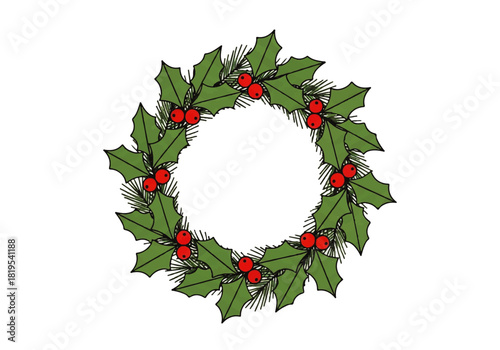 A Christmas wreath with green holly leaves, red berries, and pine needles arranged in a circular shape on a white background.