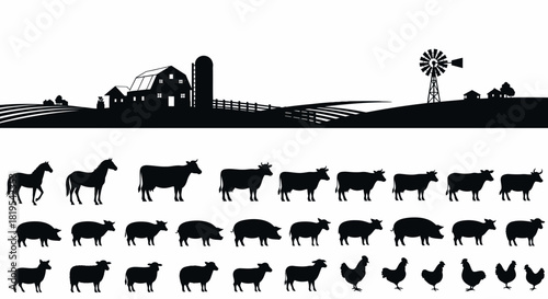 Silhouette collection depicting a farm environment and its numerous animals