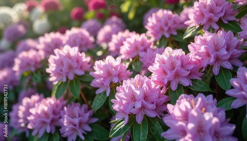 Blooming pink rhododendrons basking in sunlight