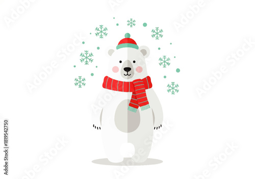 Illustration of a cute polar bear wearing a red and white striped scarf and a matching hat, surrounded by green snowflakes.