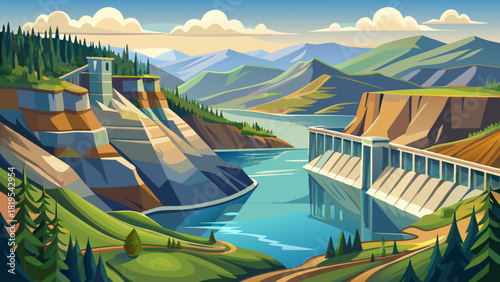 Very beautiful panoramic view of the reservoir above Agate Dam near Eagle Point, Oregon, USA, featuring calm water, surrounding forested hills, and a serene natural landscape under soft daylight.