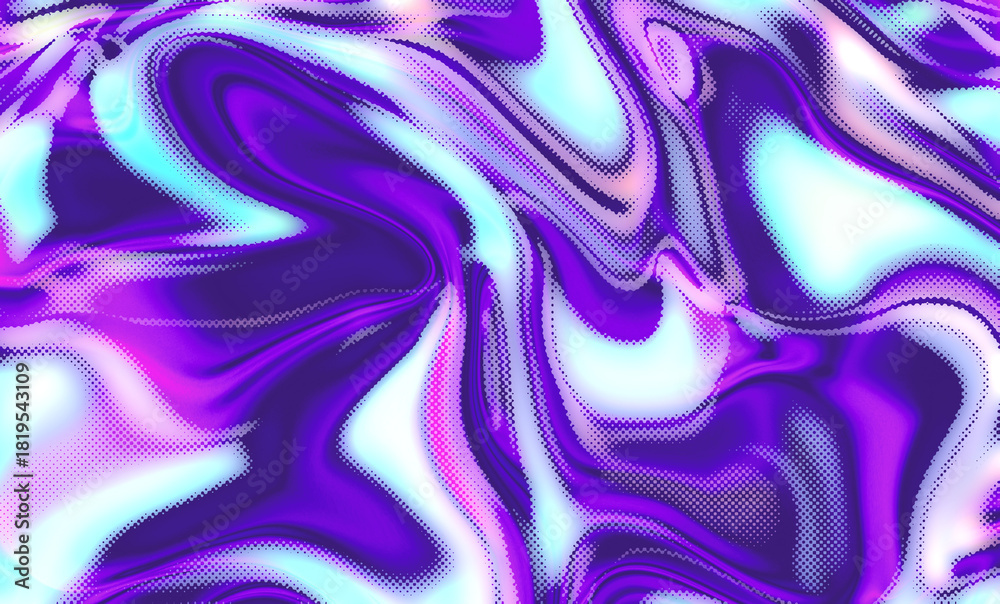 Obraz premium Wavy abstract illustration with swirls of purple, blue, and white, accented by halftone texture for a vibrant, fluid effect. Conceptual illustration for modern art, digital design, and backgrounds.