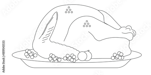 Roasted Thanksgiving Turkey Line Art, Holiday Dinner Outline Illustration, Festive Turkey Meal Coloring Page, Traditional Roast Turkey Artwork, Thanksgiving Feast Outline Design.eps