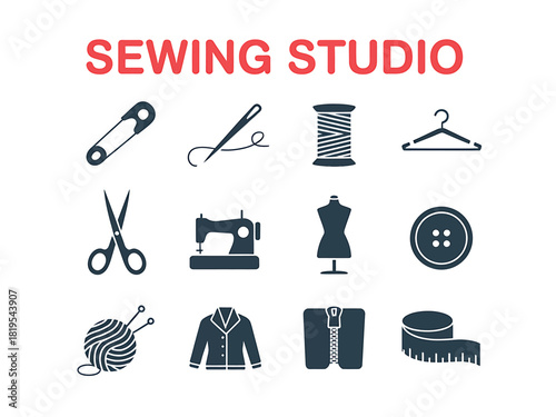 Sewing studio tools and tailoring supplies icon set illustration