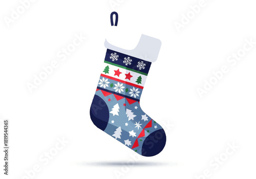 A festive Christmas stocking with snowflakes, stars, Christmas trees, and geometric patterns, hanging against a white background.