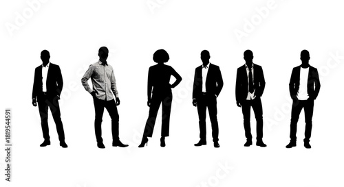 Diverse business individuals represented as silhouettes on a clean white background