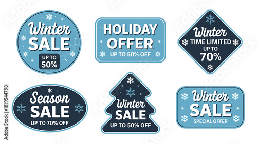 Winter season promotion badges and labels with various discounts