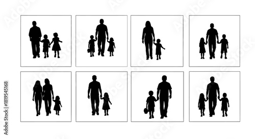 Vector Silhouettes of Diverse Family Units Walking Together Minimalist Art