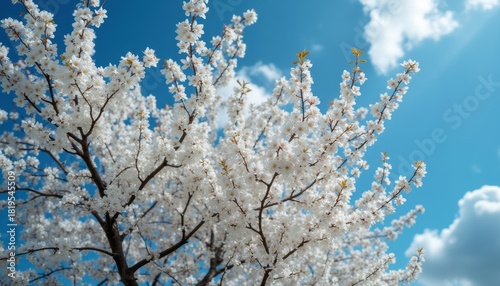 Blossoming cherry tree against a bright blue sky