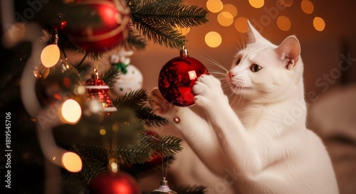 White cat playing with red Christmas tree ornament. Holiday pet fun concept. Adorable animal enjoying festive decoration for Christmas card.