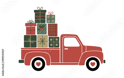 Red vintage truck with stacked christmas gifts, holiday season