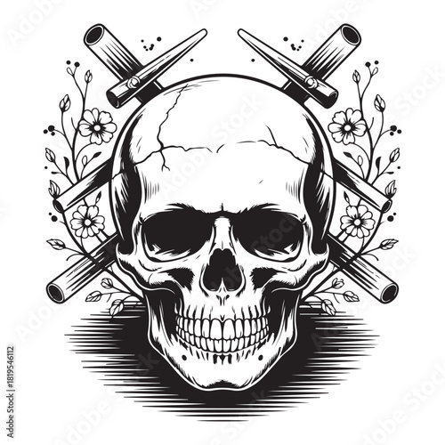 Skull with Crossed Knives and Flowers Keywords: skull, knives, daggers, weapons, danger, death