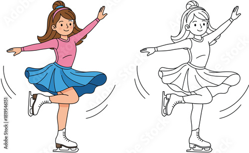 Cute girl ice skating coloring page. Vector illustration of a happy figure skater twirling. Isolated cartoon character with colored version and black and white outline for kids activity book.