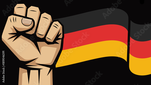 Powerful raised fist and waving german flag vector illustration