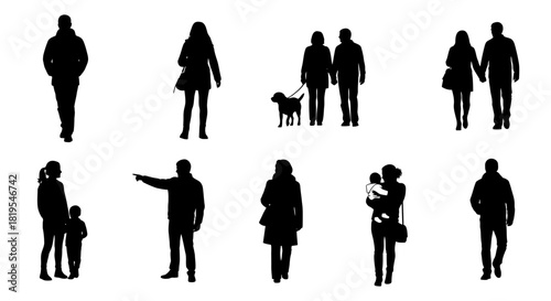 Black silhouettes of diverse people showing various activities and interactions