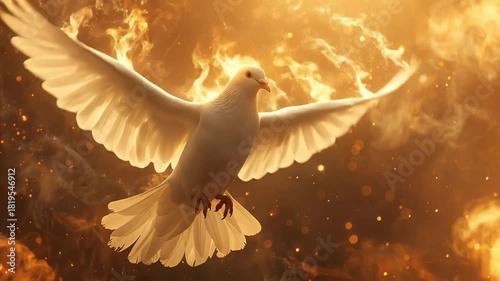 White holy spirit bird in flight appearing through golden divine light and shining smoke, Christian Pentecost concept