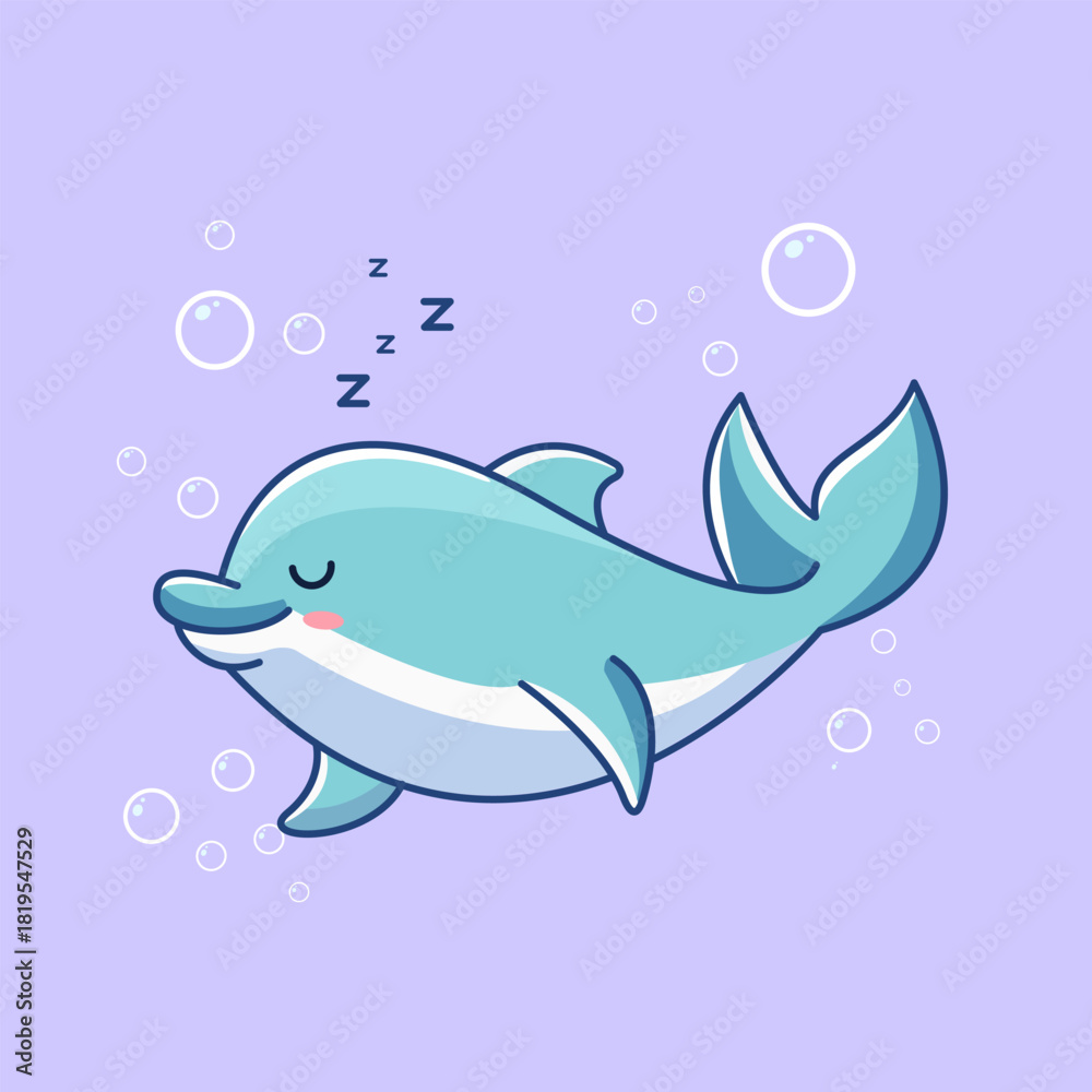 Fototapeta premium Cute Dolphin Sleep under Water Vector Illustration Kawaii Design