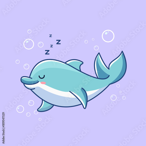 Cute Dolphin Sleep under Water Vector Illustration Kawaii Design