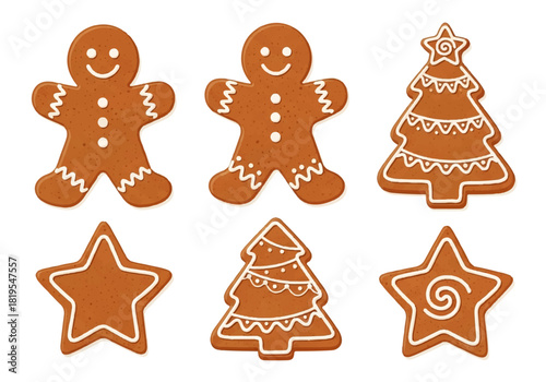 Six gingerbread cookies, two gingerbread men, two Christmas trees, and two stars, decorated with white icing on a white background.