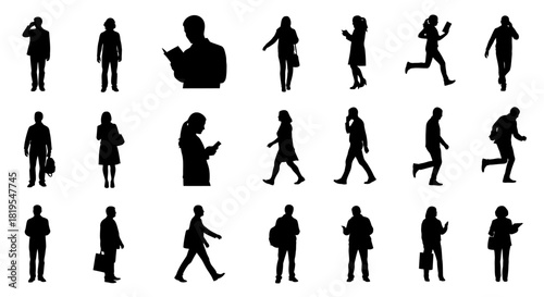 Diverse black human silhouettes illustrating various everyday urban activities and poses