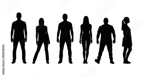 Diverse group of standing human silhouettes representing different body types and poses