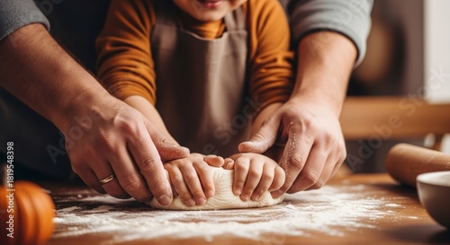 Child and man hands kneading dough with flour on a wooden table. Family bonding activity in the kitchen for baking and cooking.