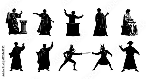 Stylized Silhouettes of Ancient Orators Actors and Fencing Duels