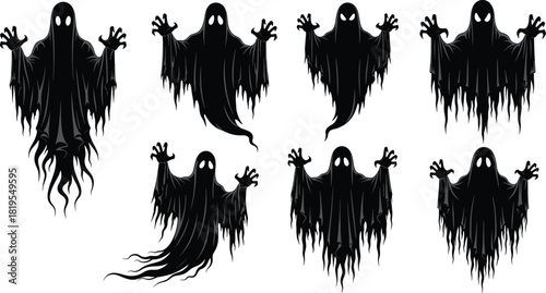 Creepy black ghost silhouette with outstretched arms and long tattered robe design