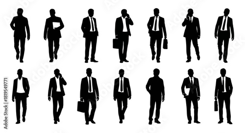 Professional businessmen silhouettes diverse poses corporate figures collection on white