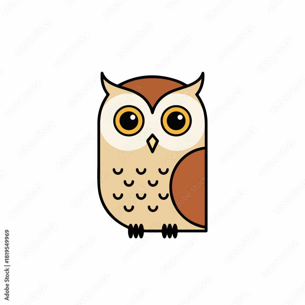 Fototapeta premium Flat color vector illustration of an adorable owl with big round eyes and patterned chest