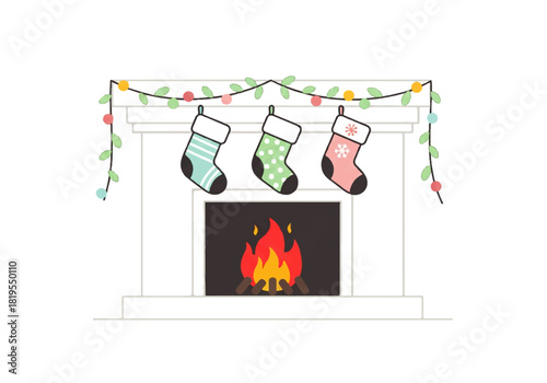 Illustration of a white fireplace with a burning fire, decorated with three Christmas stockings and a colorful garland.
