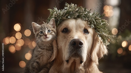 A charming tableau featuring a tabby kitten perched on a golden retriever's head, adorned with a festive evergreen wreath, set against a bokeh-lit backdrop. A heartwarming scene.