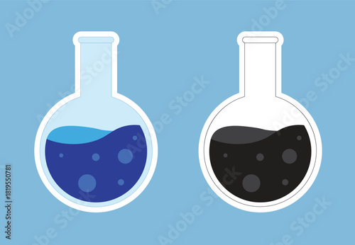 Science lab bottle sticker icon. Laboratory glassware equipment vector illustration.