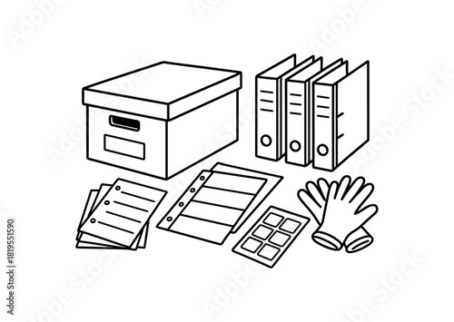 flat vector handdrawn black and white bold clean outlines white background stationery desk archive box folders dividers label sheet blank gloves no logos