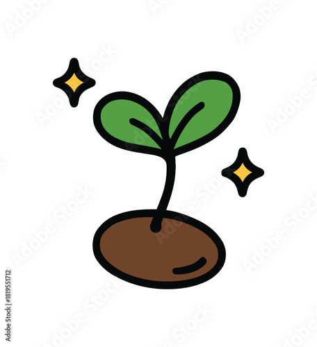 Cute doodle spring collection flat vector illustration bold handdrawn outlines bright solid fills isolated on white clean white space sticker style minimal detail green sprouting seed with