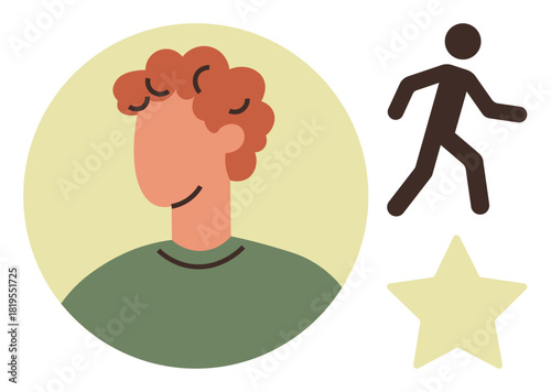 Minimalistic portrait of a person with curly red hair, black walking figure, and yellow star. Ideal for user profile, self-expression, individuality, success, achievement, rating self-discovery