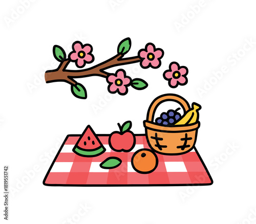 Cute doodle spring collection flat vector illustration bold handdrawn outlines bright solid fills isolated on white clean white space sticker style minimal detail picnic blanket and fruit