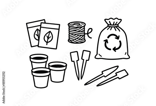 flat vector handdrawn black and white bold clean outlines white background zero waste garden low waste seed envelopes paper twine spool compost bag reused pots plant labels no logos