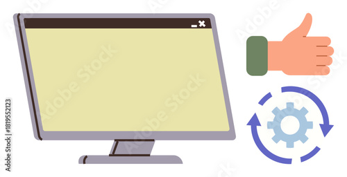 Computer monitor, hand giving thumbs up, gear with arrows symbolizing system optimization. Ideal for technology, software, teamwork, feedback, updates maintenance reliability. Clear simple flat