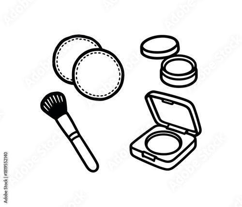 flat vector handdrawn black and white bold clean outlines white background zero waste makeup low waste reusable pads balm tin refill case bamboo brush compact refillable no logos