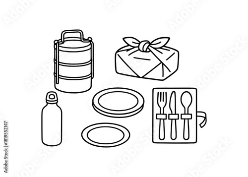 flat vector handdrawn black and white bold clean outlines white background zero waste picnic low waste tiffin lunch box fabric wrap reusable plates bottle cutlery roll no logos