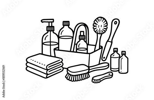 flat vector handdrawn black and white bold clean outlines white background zero waste cleaning closet low waste glass bottles concentrate refills cloth stack wooden brushes caddy no logos