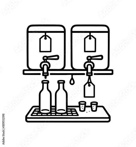 flat vector handdrawn black and white bold clean outlines white background refill shop oil and vinegar taps bottles drip tray corks tag cards blank no logos