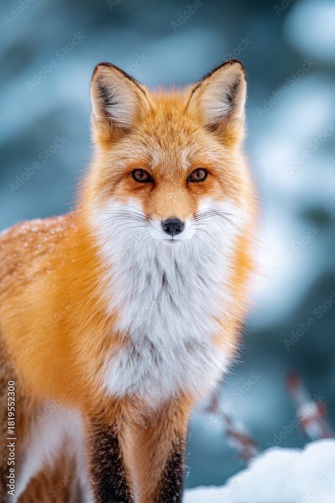 Obraz premium Red fox with bright orange fur stands gracefully in a snowy forest, showcasing its striking features against the serene winter landscape, perfect for wildlife enthusiasts