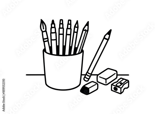 flat vector handdrawn black and white bold clean outlines white background stationery desk pen cup brush pens fineliners pencil eraser sharpener no logos