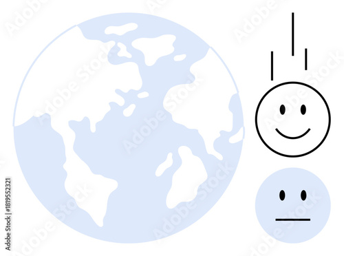 Earth illustration paired with falling happy and neutral faces, emphasizing emotional shifts and global impact. Ideal for mental health, global change, emotions, optimism, psychology, equilibrium
