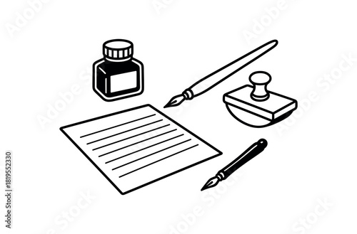 flat vector handdrawn black and white bold clean outlines white background stationery desk calligraphy set dip pen ink bottle blotter practice sheet blank no logos