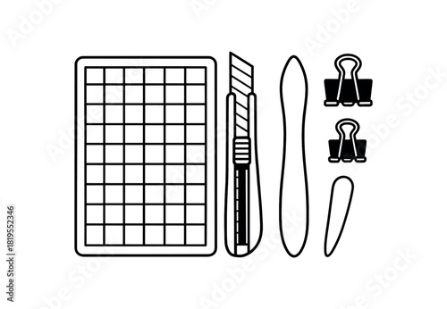 flat vector handdrawn black and white bold clean outlines white background stationery desk cutting mat craft knife metal ruler bone folder clips no logos