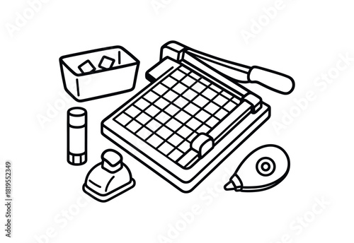 flat vector handdrawn black and white bold clean outlines white background stationery desk paper trimmer scrap bin corner rounder glue stick tape runner no logos